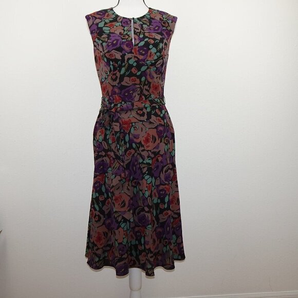 Ralph Lauren Floral Print Dress Women’s Size 2 Black Purple Sleeveless Crepe - Picture 1 of 11
